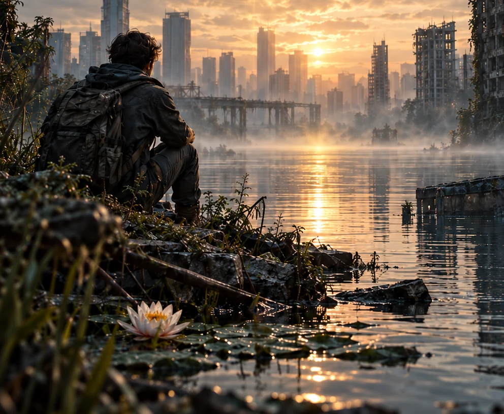 Ilustración de Madrid inundado al atardecer; entre los edificios cubiertos por el agua, una persona contempla la ciudad desde la orilla.